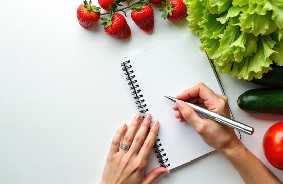 Hands write in notebook with pen. Healthy food recipe concept. Strawberries tomato lettuce cucumber nearby on white table. Person makes meal plan on diet. Clean eating trend. Mockup scene. - Powered by Adobe
