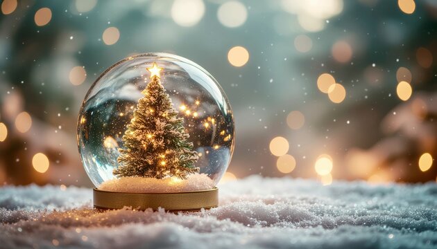 Magical christmas scene with snow globe featuring a tiny tree winter wonderland holiday decoration cozy atmosphere close-up view festive concept for cheerful celebrations