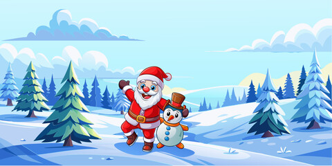 Fototapeta premium New Year, Santa Claus, Christmas, snow, Christmas trees, vector, panorama, snowman, childhood, holiday