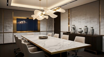 Modern executive conference room with marble table and luxurious lighting creates an elegant space for high-powered meetings and corporate collaboration