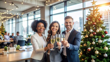 Celebration event with cheers and joyous smiles at a festively decorated restaurant during holiday season indoor gathering warm atmosphere close-up view of friends toasting