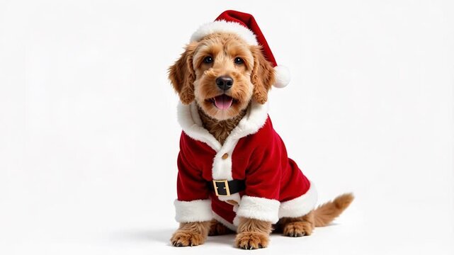 Adorable Labradoodle Santa! Festive dog in full Santa costume wags tail on white background, perfect for holiday cheer & heartwarming moments in 4K
