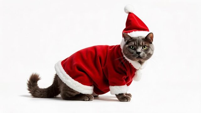 Adorable Santa Kurilian Bobtail Cat in Festive Costume on White Backdrop - HD 4K Video Footage for Holiday Cheer and Pet Lovers