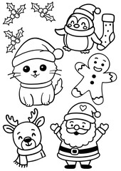 christmas coloring page with positive, children friendly cartoon characters