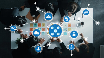 Top down aerial view of manager discuss and choose marketing idea from sticky notes. Group of business team talking and brainstorming strategy while making decision and choose plan. Directorate. Amity
