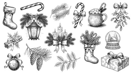 Christmas Objects Set in Vintage Engraving in Black and White