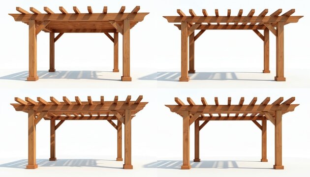 Four wooden pergola designs shown. Variation presents different angle with detailed wood construction. Illustrations display various architectural styles. Suitable for home improvement projects.