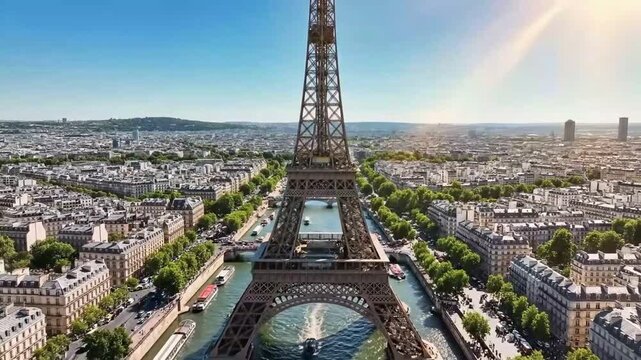 Smooth aerial footage showcasing the Eiffel Tower surrounded by the expansive Paris skyline on a bright, clear day. The video captures iconic architecture, urban patterns, and the elegant layout of th