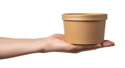 Hand holding a disposable paper food container on a black background Keywords: hand, holding