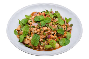 Spicy Thai minced pork salad with shimeji mushrooms, isolated on a transparent background.