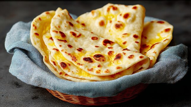 Basket of tortillas sits on a blue cloth - Powered by Adobe