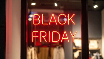 A striking red neon sign in a store window brightly announces 'Black Friday,' illuminating the shopping street and signaling the start of major seasonal sales and discounts