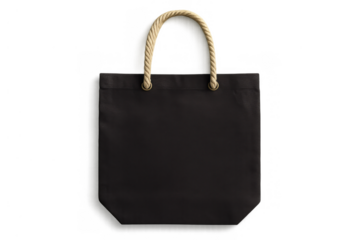 Black fabric tote bag with natural rope handle, featuring a blank front panel for product promotion or custom reusable shopping design