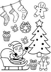 christmas preparations vibe coloring page with cookie, santa on a sleigh and christmas tree isolated over white (transparent) background; easy level