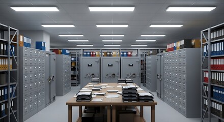 Explore an archive room with organized files, cabinets, and secure vaults, perfect for depicting organization, security, and record management in a business