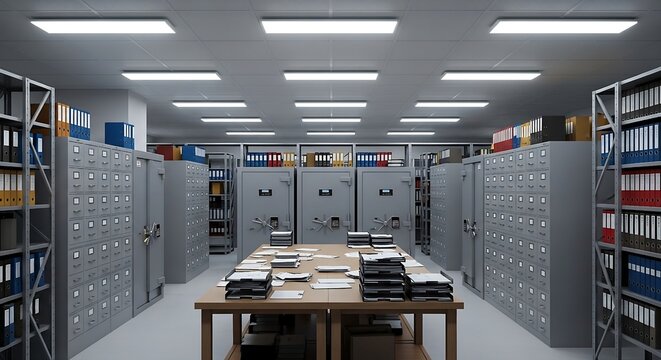 Explore an archive room with organized files, cabinets, and secure vaults, perfect for depicting organization, security, and record management in a business