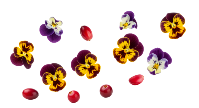 A beautiful assortment of vibrant edible pansy flowers and fresh red cranberries scattered artfully on a clean white background
