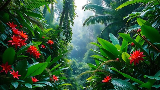 orchids. Lush tropical rainforest with dense foliage, exotic flowers, and sunlight through canopy. travel magazines, destination branding, designed for outdoor magazines and nature guides.