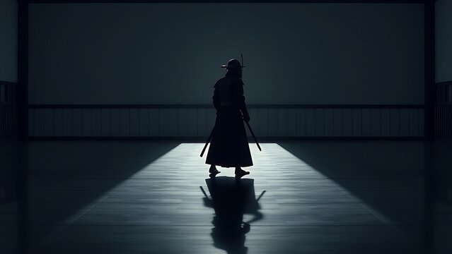 kendo. Empty dojo floor reflecting the long shadow of a kendo practitioner. event key visuals, club posters, designed for fitness apps and gym onboarding, used by fitness trainers, boosts motivation.