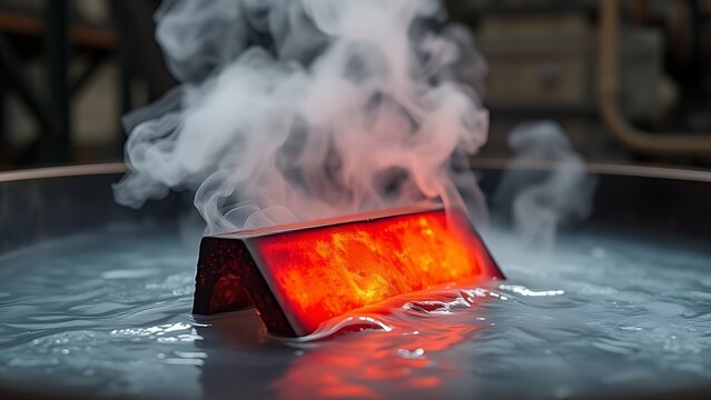 enthalpy. Red-hot steel being quenched in water, creating dramatic clouds of steam. safety posters, maintenance manuals, designed for industrial assembly lines and welding operations.