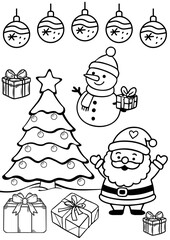 christmas tree, santa, snowman, baubbles and gifts outline; simple coloring page for 6-8-year-old children