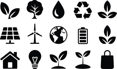 Collection of Black Eco Friendly Sustainable Resources and Symbols Concept