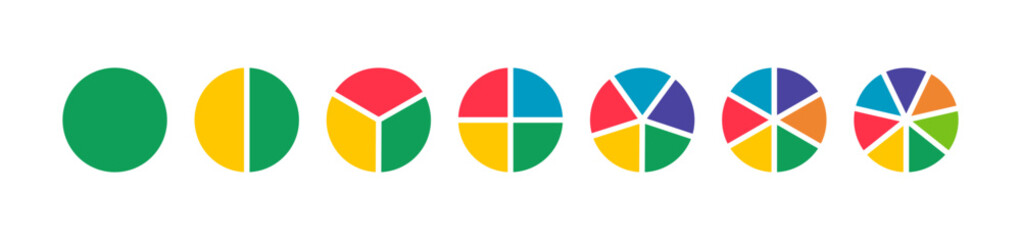 Donut charts. Pies segmented on from 1 to 7 equal parts. Multicoloured diagrams infographic. Circle section graph. Wheels divided in sections. Pie, pizza chart round icons. Loading bar fraction mockup