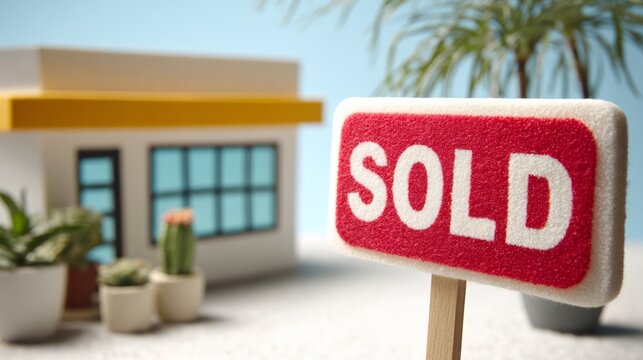 Red sign that says "Sold" is on a wooden post. The sign is in front of a white building with a yellow awning. The image has a casual, playful mood, as if it were a drawing or a cartoon - Powered by Adobe