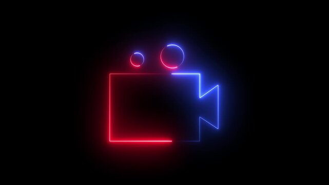 A glowing neon camera icon isolated on dark background, animated for recording, film, and social media video themes, perfect for apps and 4K video content.