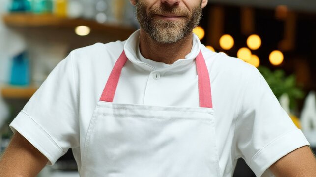 Man with a white shirt and a red apron is smiling. He is wearing a chef's uniform and is standing in a kitchen