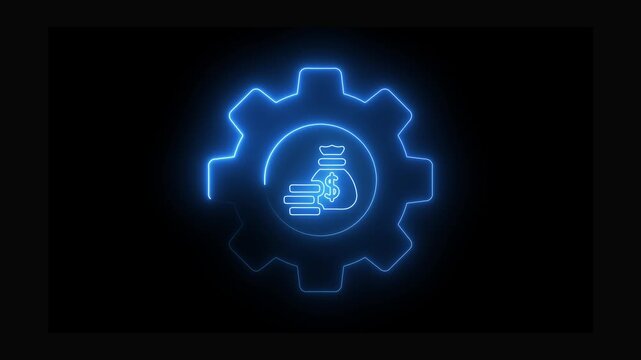 Neon Glowing Gear with Money Automation Icon &ndash; Digital Financial Process Optimization, Futuristic Fintech Technology Illustration on Dark Background