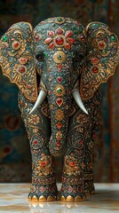 Fototapeta premium Majestic jeweled elephant adorned with gold ornaments high resolution picture