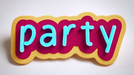 Neon sign that says "Party" in blue and yellow letters. The sign is on a white background