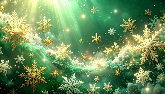 Fondo verde chroma key uniforme (#00FF00). Dise&ntilde;o navide&ntilde;o invernal con copos de nieve detallados en diferentes tama&ntilde;os de color oro, brillo helado y destellos suaves. 