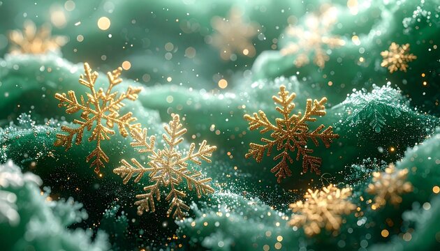 Fondo verde chroma key uniforme (#00FF00). Dise&ntilde;o navide&ntilde;o invernal con copos de nieve detallados en diferentes tama&ntilde;os de color oro, brillo helado y destellos suaves. 