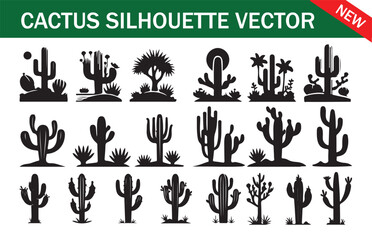 Desert Cactus vector silhouette set. Various desert plants hand drawn in black on white background
