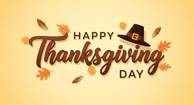 Celebrate a happy Thanksgiving Day with festive autumn leaves and a pilgrim hat, great for postcards, holiday greetings, and cheerful seasonal promotions