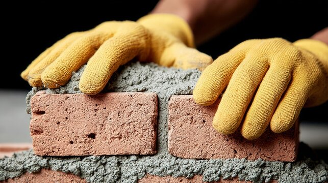 Brick is being laid down by a person wearing yellow gloves. The brick is being laid down in a pattern, and the person is wearing gloves to protect their hands from the rough surface of the brick