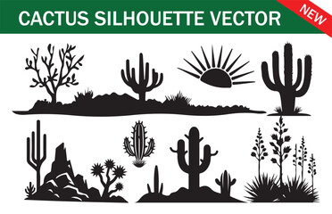 Cactus Landscape Silhouette Vector Set – Desert Plants and Sunset Scene