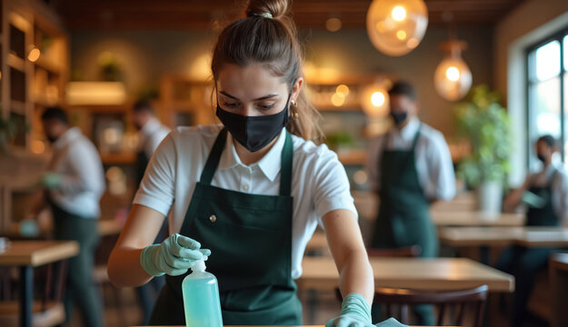 Female staff member wearing a face mask cleans a cafe table. She sprays sanitizer while wearing gloves. Restaurant workers at the cafe ready for visitors. - Powered by Adobe