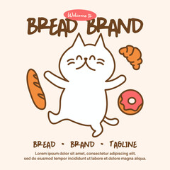 Charming bakery illustration featuring cute cat mascot surrounded by baguette, croissant, and donut. Hand-drawn design with warm colors for pastry shop branding and packaging.