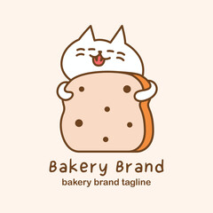Cute bakery logo featuring adorable cat mascot hugging chocolate chip bread slice. Hand-drawn illustration with warm tones for dessert branding and packaging.