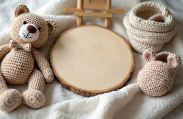 Baby announcement flat lay with wooden disc mockup. Infant accessories with soft teddy bear toy, booties, knitted basket on gentle fabric background. Cosy neutral boho still life for baby blog.