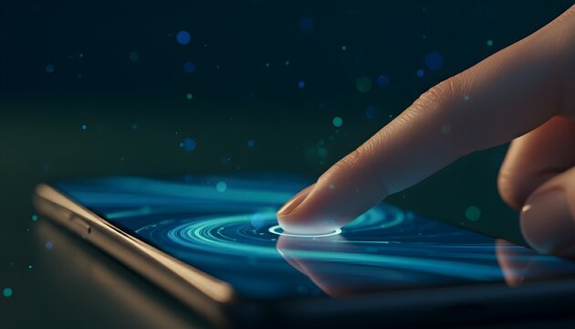 Seamless digital interaction A human finger activates a secure biometric interface on a glowing touch screen, symbolizing advanced technology and data protection