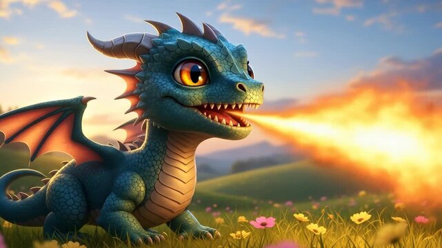 Cute baby dragon breathing fire in a flowery field