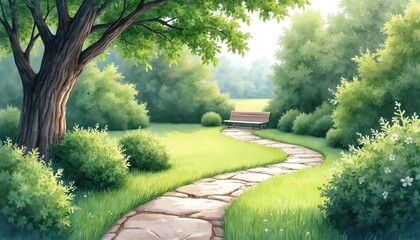 Fototapeta premium Watercolor painting of serene garden pathway. Stone path winds through green grass, surrounded by trees, bushes, flowers. Wooden bench sits under large tree, inviting relaxation in peaceful natural