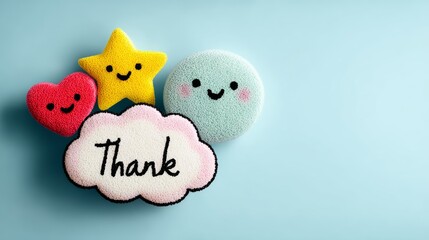 Group of stuffed animals with a cloud in the middle and the words "thank" written on it