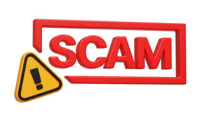 A red scam text inside a red rectangle next to a yellow warning sign with black exclamation point