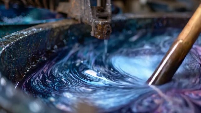 37Detail view of fabric dyeing process, swirling vibrant colors inside industrial tank