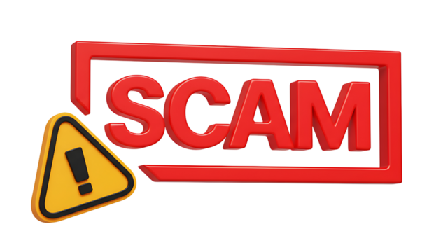 A red scam text inside a red rectangle next to a yellow warning sign with black exclamation point